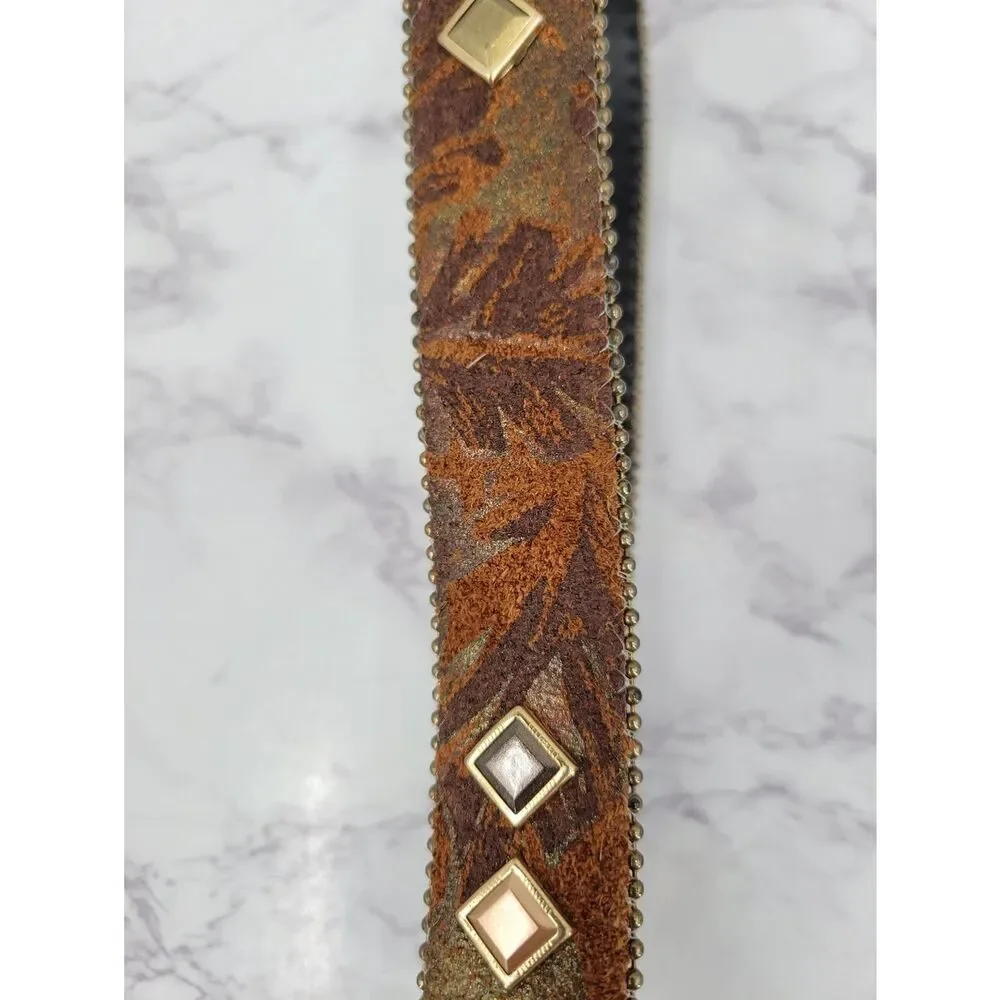 Century Canada Studded Brown Suede Leather Belt with Gold Buckle